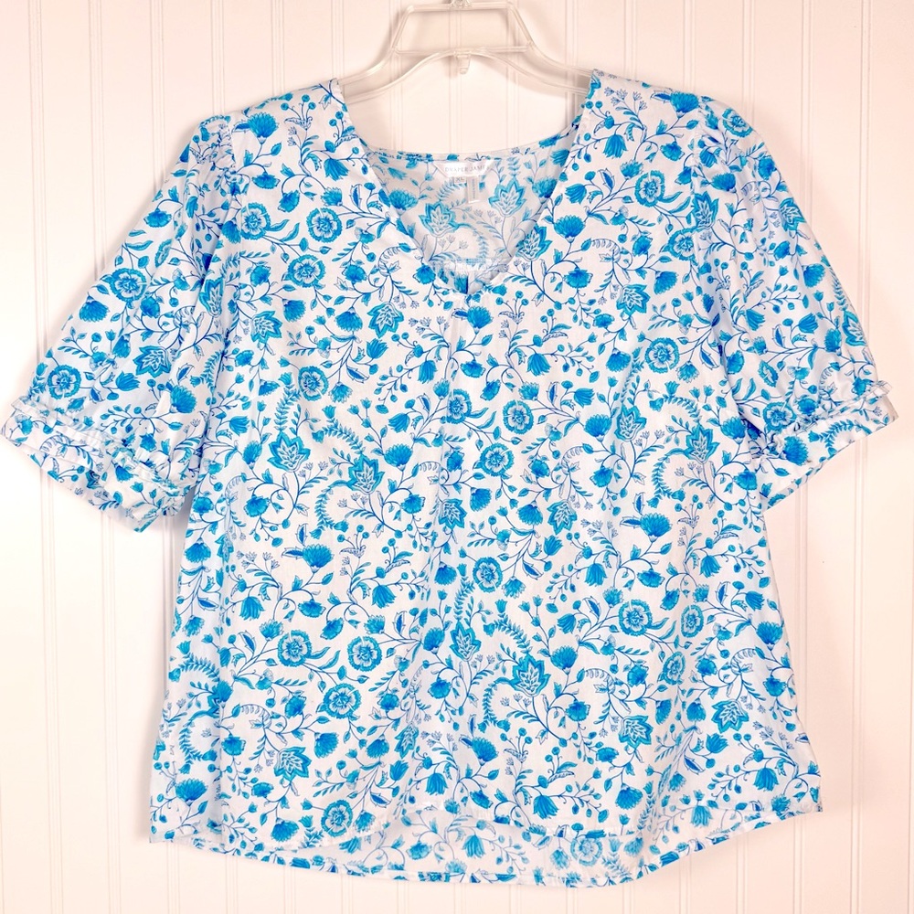 Draper James Women's XL Blue White Floral V‎ Neck Puff Sleeve Top Chic Dainty
